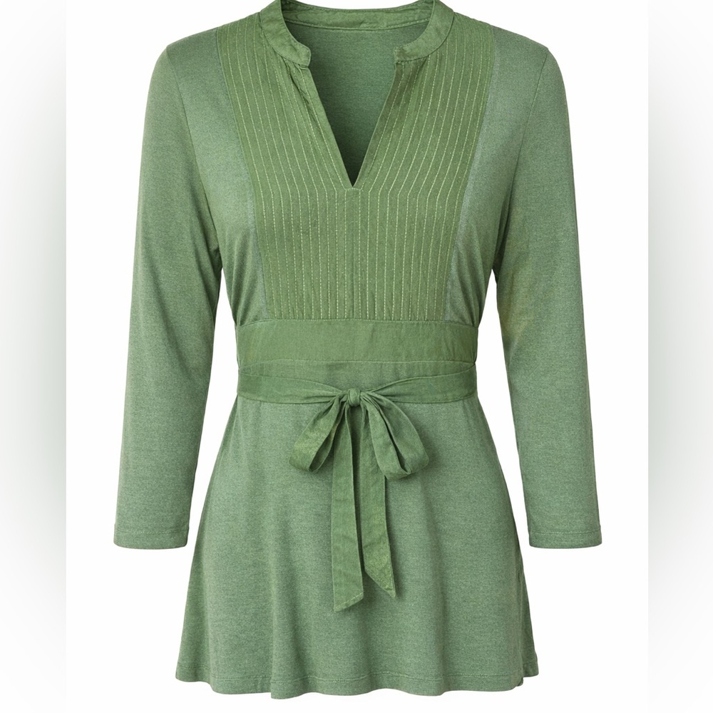 Boden Green Pintuck Top Size 10 Viscose Silk Blend Tie Back 3/4 Sleeve